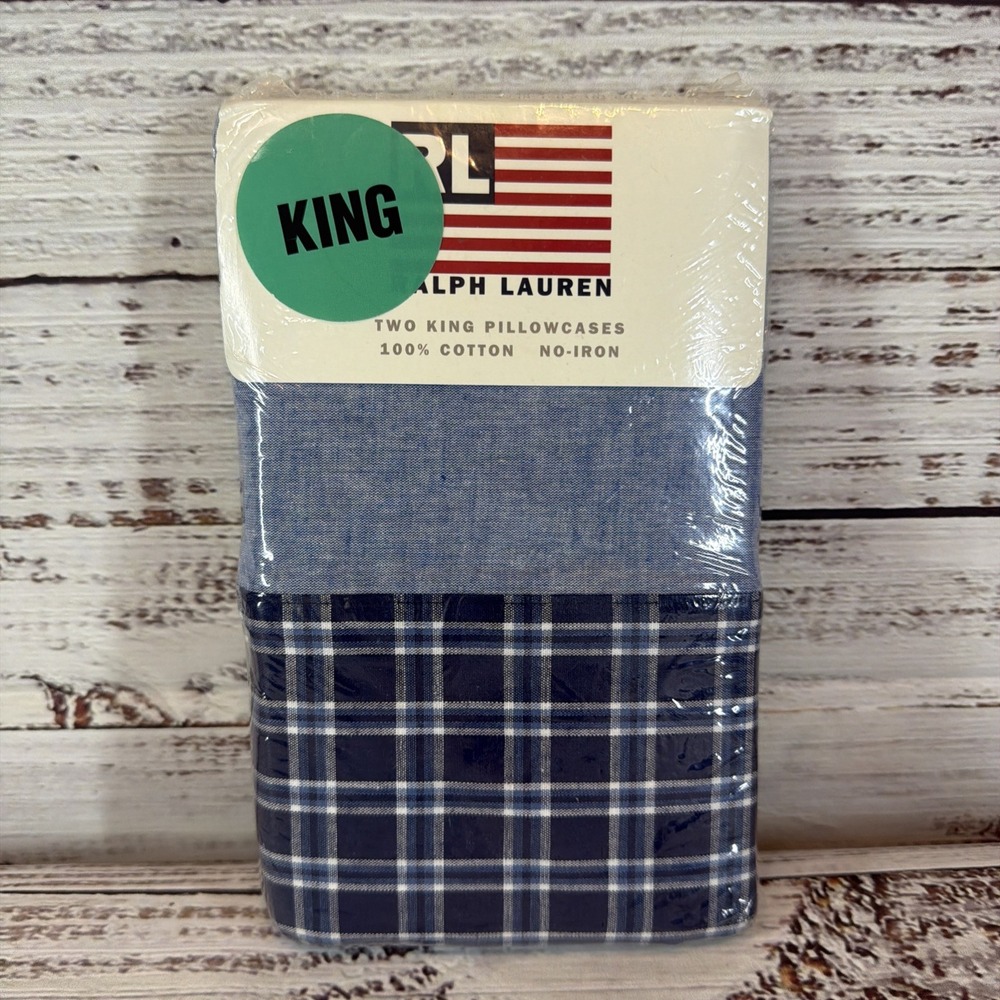 VTG Ralph Lauren Pinebluffs Plaid Blue Chambray King Pillowcases Cotton USA MADE